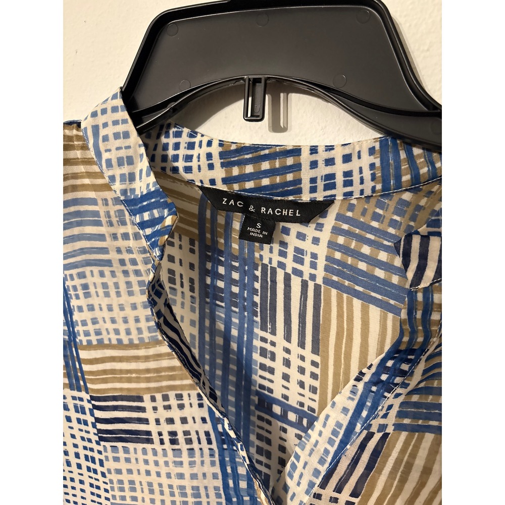 Zac & Rachel Tunic Women Small Blue Tan Excellent Geometric Sheer Blouse - Picture 2 of 4